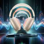 AirPods Max headphones with glowing sound waves representing lossless audio USB C cable connected immersive spatial audio effects in a futuristic dark background