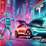 DALL·E 2025 03 12 16.05.11 A satirical and humorous depiction of a Kia electric car mocking a Tesla vehicle in a futuristic neon lit cityscape. The Kia car appears sleek and mod