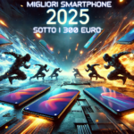 DALL·E 2025 03 12 18.03.19 A widescreen dramatic illustration representing the Smartphone War 2025 under 300 euros. The image features multiple sleek smartphones clashing in a