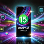DALL·E 2025 03 13 11.45.01 A widescreen digital illustration of the Android 15 rollout with a dark vibrant color palette. The image features a sleek smartphone displaying the A