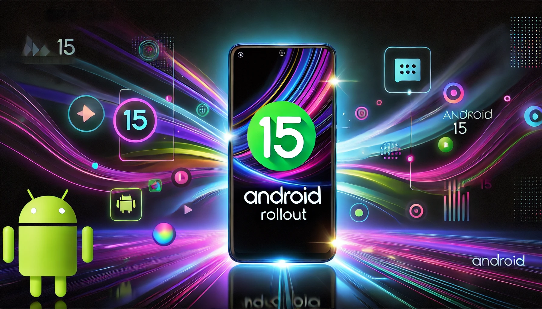 DALL·E 2025 03 13 11.45.01 A widescreen digital illustration of the Android 15 rollout with a dark vibrant color palette. The image features a sleek smartphone displaying the A