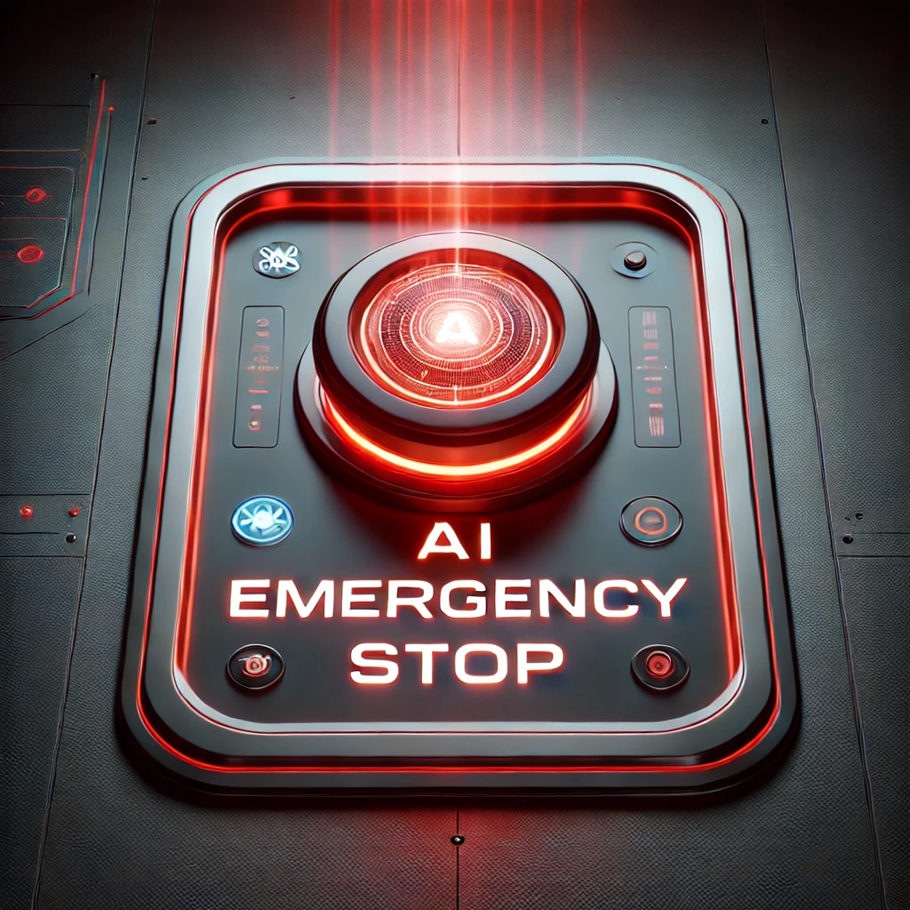 DALL·E 2025 03 15 10.36.24 An artistic representation of an AI emergency stop button. The design features a futuristic and glowing red emergency button placed in a sleek high t