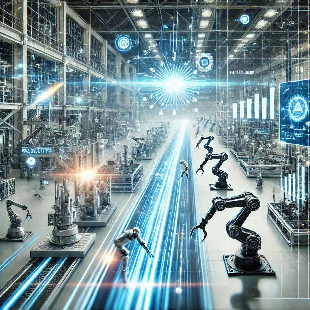 DALL·E 2025 03 15 11.55.23 A futuristic and visually striking representation of productivity efficiency without any text. The image features an advanced factory with robotic arm