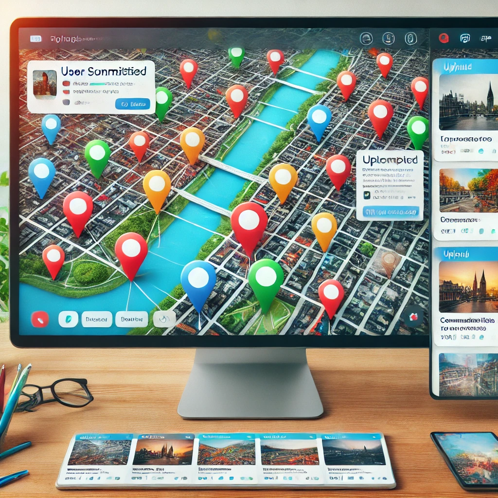 DALL·E 2025 03 16 17.11.48 A visually dynamic and collaborative map concept showing a digital map interface where users contribute by uploading their photos. The map features vi