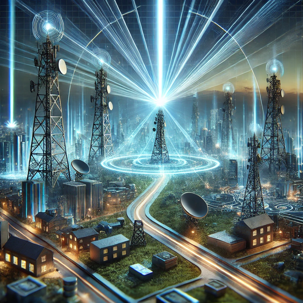 DALL·E 2025 03 17 16.35.09 An artistic and futuristic representation of Project Taara showcasing a beam of light transmitting data wirelessly over long distances. The scene fea