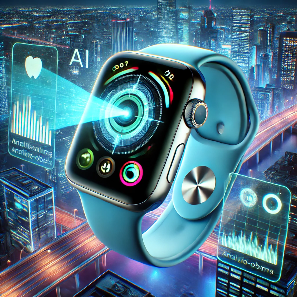DALL·E 2025 03 25 17.41.13 A futuristic Apple Watch with a built in camera and an AI interface analyzing objects in real time. The watch display is vibrant showcasing a hologra
