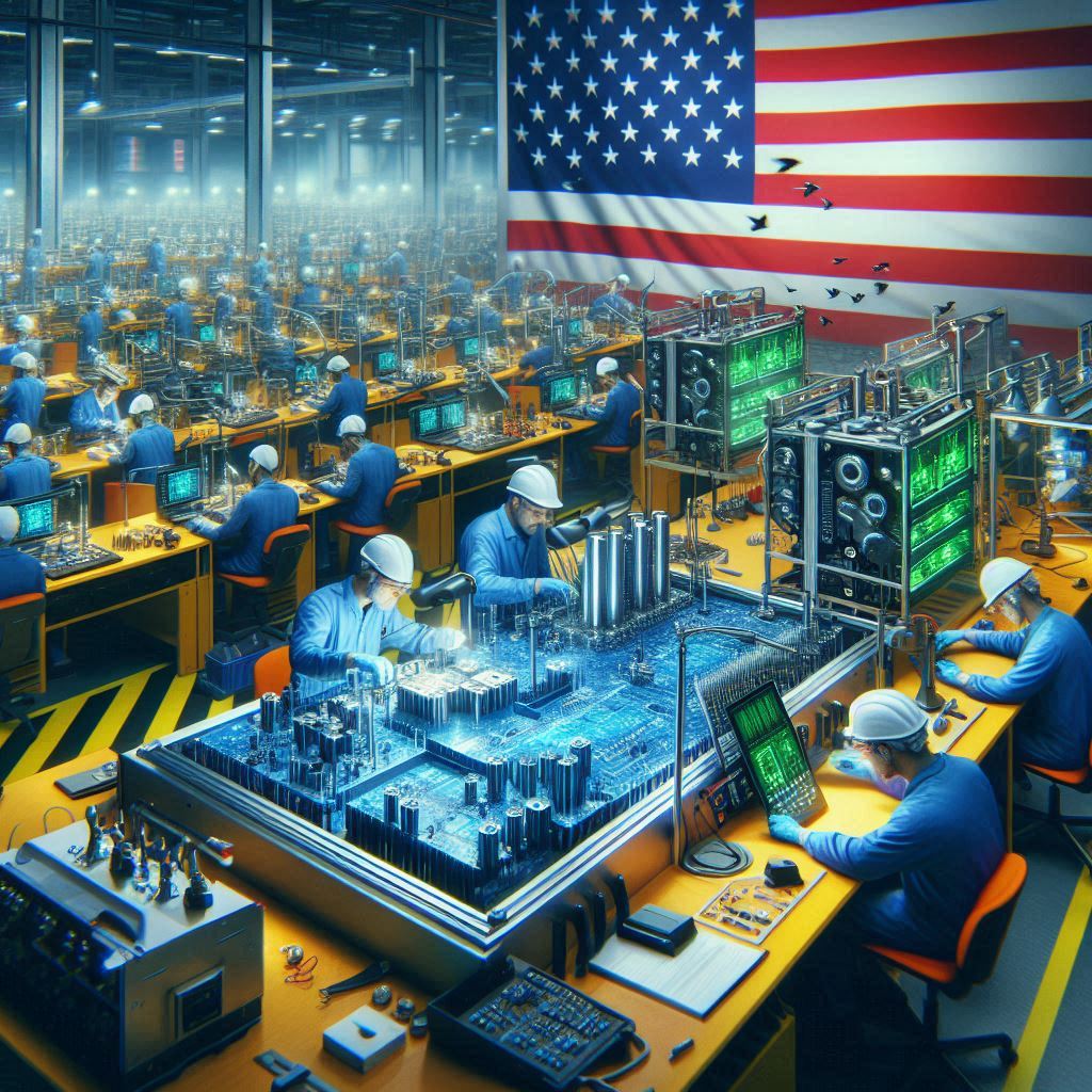 una fabbrica americana con lavoratori intenti ad assemblare dispositivi tecnologici con la bandiera americana